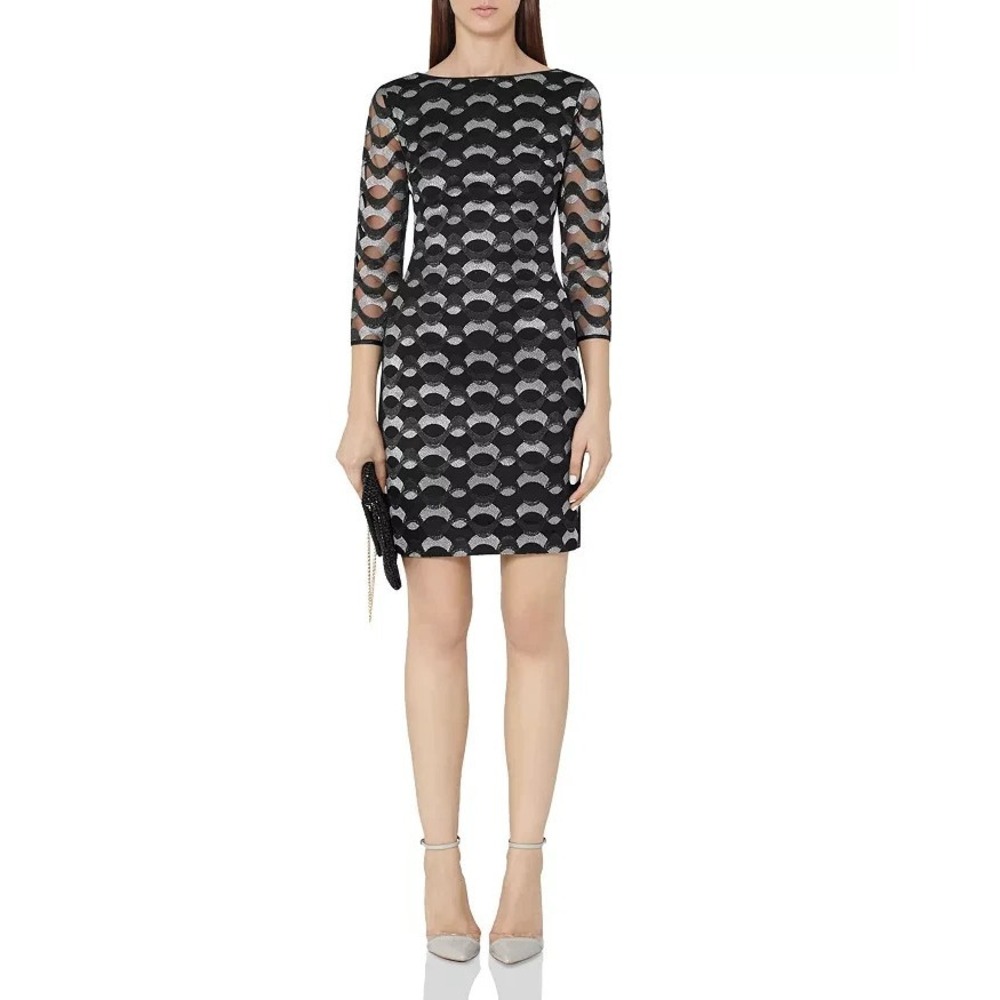 Reiss Mirte Dress Womens 2 Black Sheer Mesh Bodycon Cocktail Evening Sleek